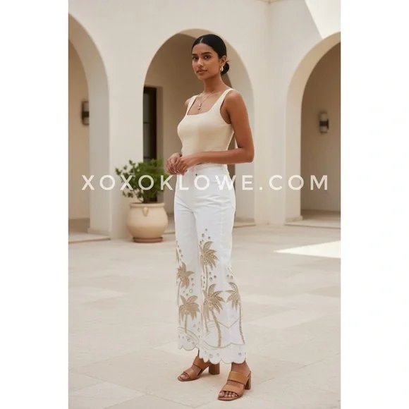 Oli & Hali Cream Palm Tree Eyelet Embroidered Wide Leg Jeans | Washed Denim - Picture 5 of 10